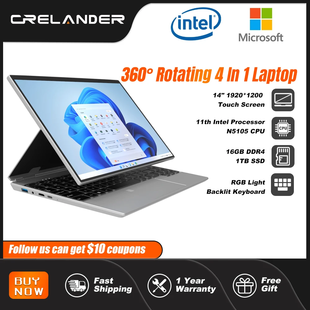 CRELANDER 2in1 태블릿 Intel N5105 프로세서 14형 터치스크린 360도 회전 RAM 16GB 노트북 핫딜