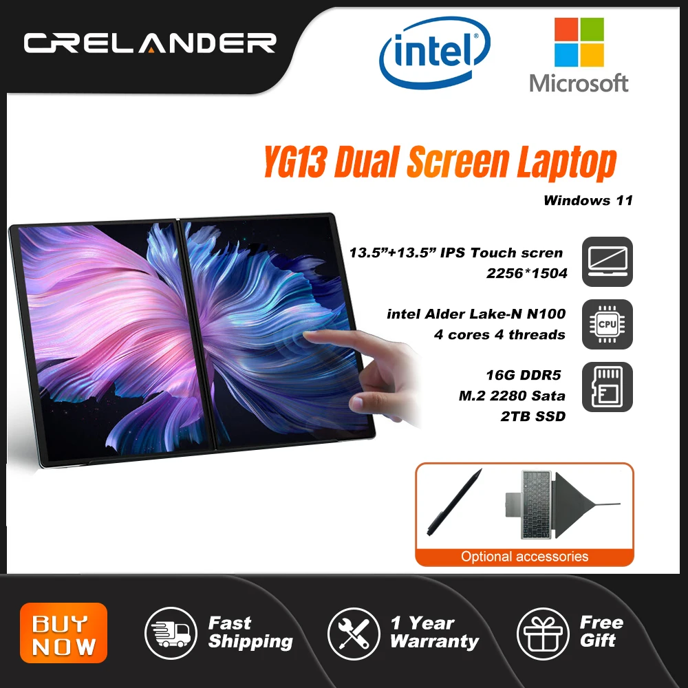 CRELANDER YG13 듀얼 스크린 노트북Intel N100 CPU 13.5형 2.5k 터치스크린 DDR5 16GB M2 SSD YOGA 노트북 태블릿 Best